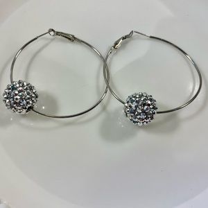 Hoop Earrings Silver Tone Sparkly Ball Going Out Party Rave